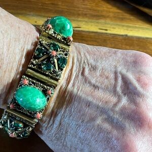 Vintage Victorian Revival Green and Gold Panel Bracelet with safety chain